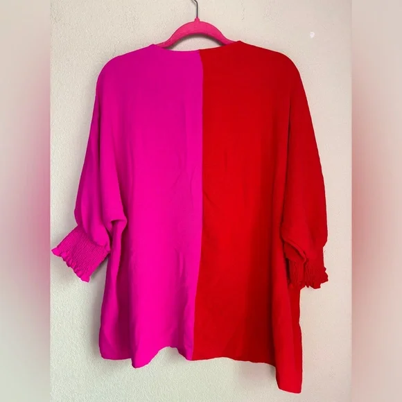 JODIFL Hot Pink & Red Colorblock Relaxed Fit V-Neck Smocked Sleeve Blouse M - Picture 7 of 7